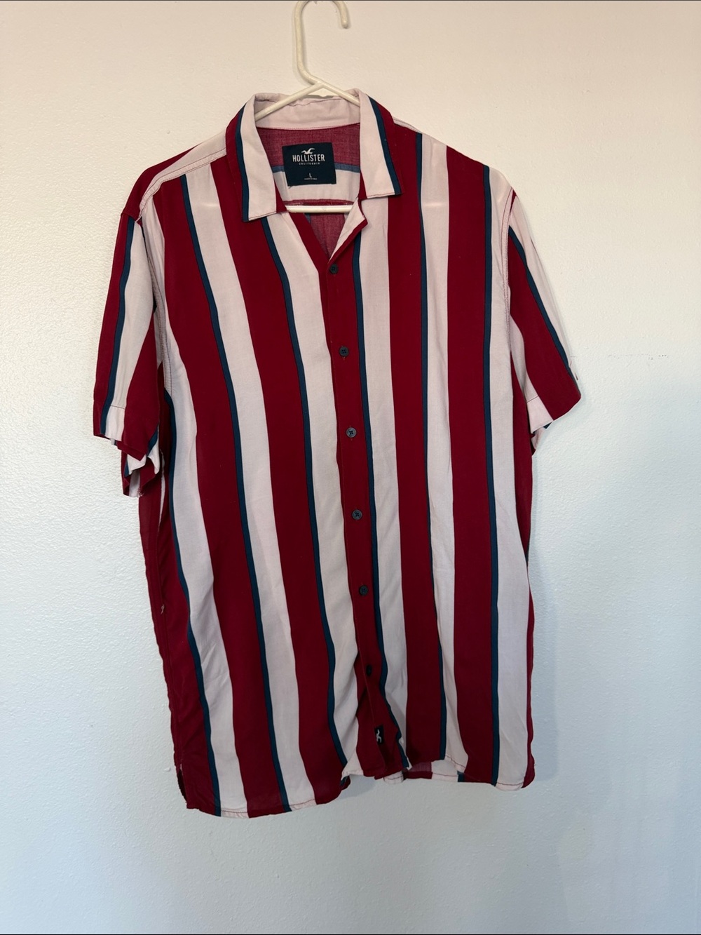 Hollister Red, White & Navy Vertical Stripe Short Sleeve Shirt